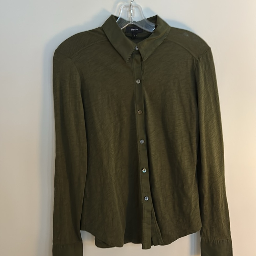 Theory Women's Riduro Cotton Slub Long Sleeve Button-Up Shirt Green Small - Picture 2 of 10